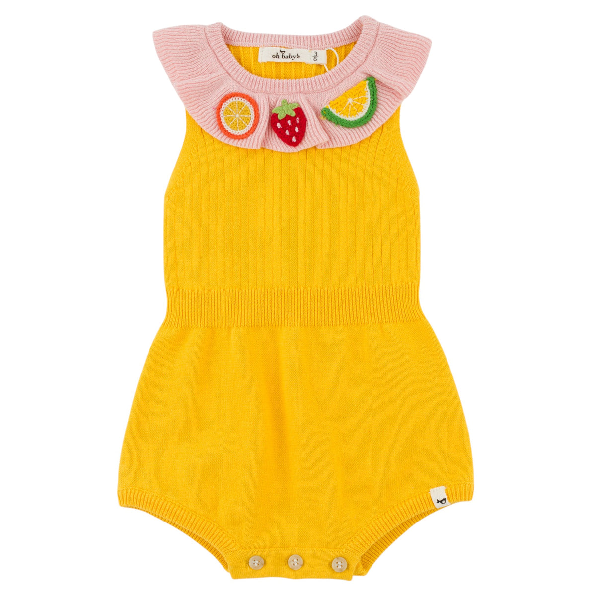 oh baby! Victoria Knitted Romper - Mixed Fruit Crochet Appliques - Lemon