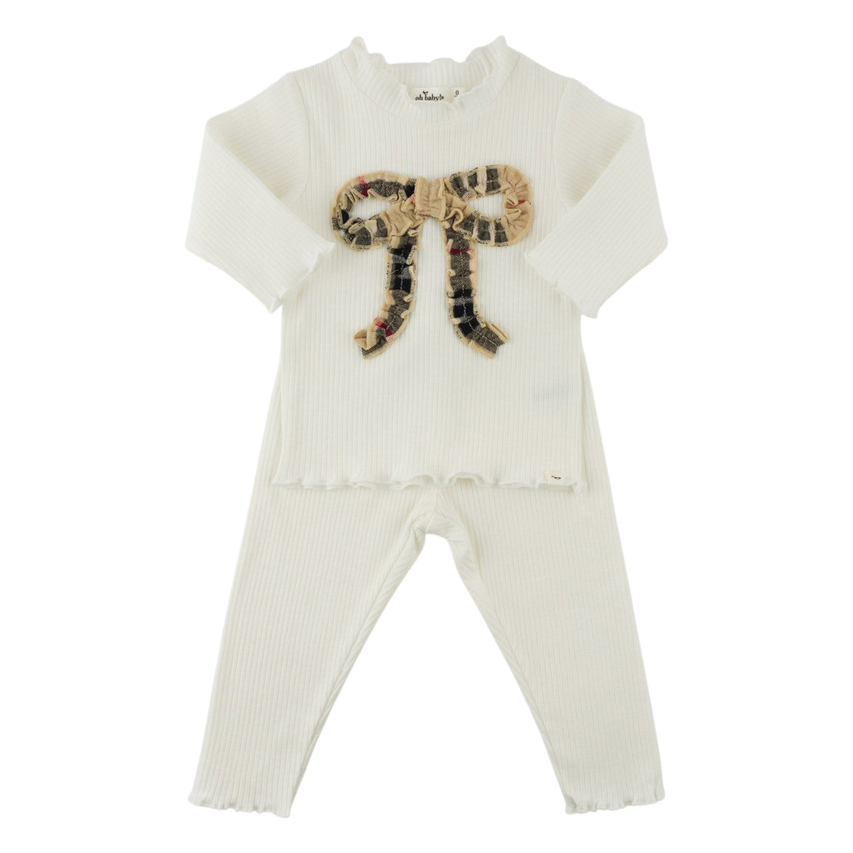oh baby! Mock Neck Two Piece Set - Mini Tartan Classic Ruffle Bow - Cream