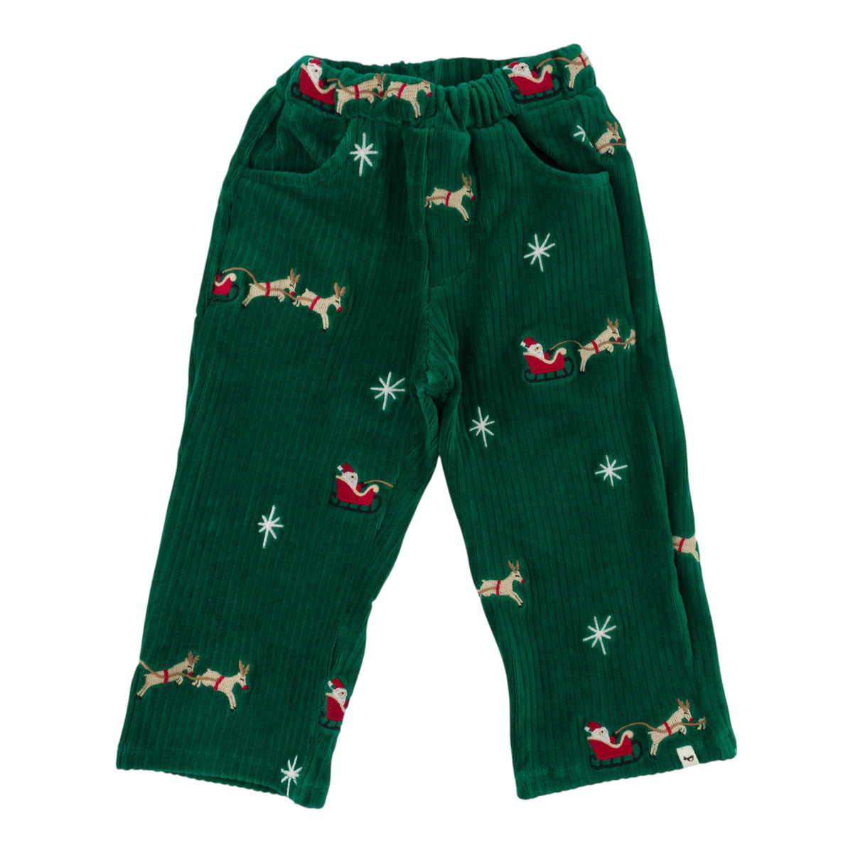 oh baby! Pocket Pant - Embroidered Santa Sleigh - Christmas Green - front