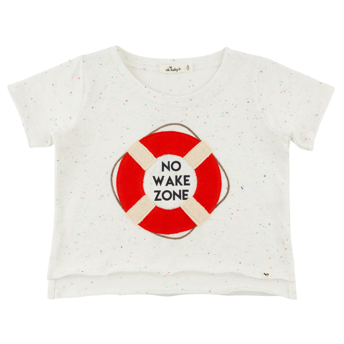 oh baby! Raw Edge Sleeve Tee -"No Wake Zone" Applique - Confetti Oyster