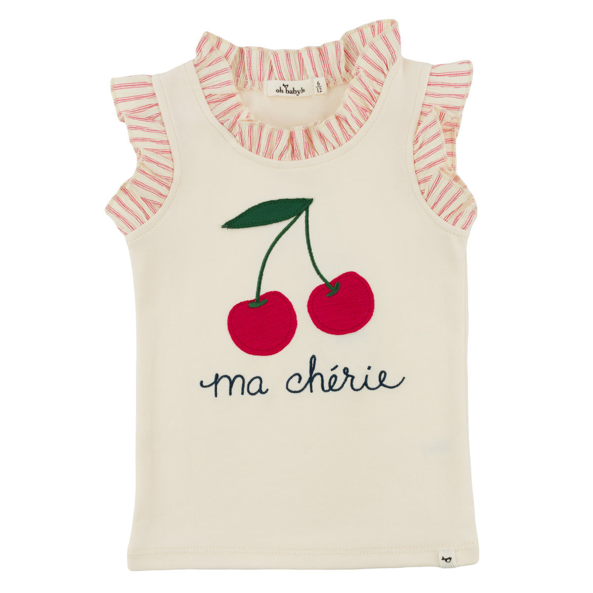 oh baby! Rebekah Tank - "Ma Cherie" Embroidery with Cherries Print Applique - Milk