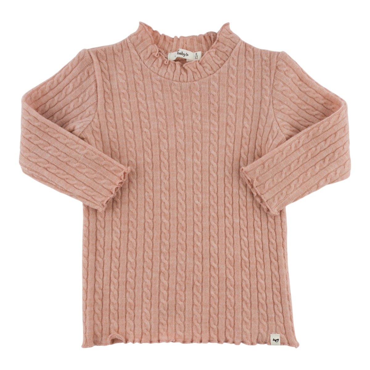 oh baby! Cable Knit Mock Neck Lettuce Edge Long Sleeve Top - Pale Pink