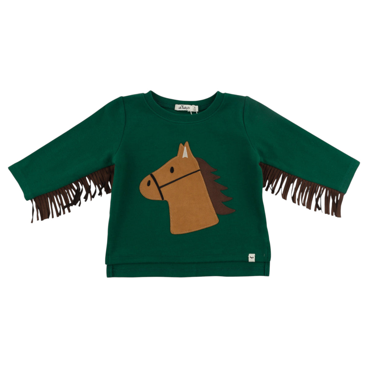 oh baby! Long Sleeve Tee with Fringe - Horse Applique - Forest