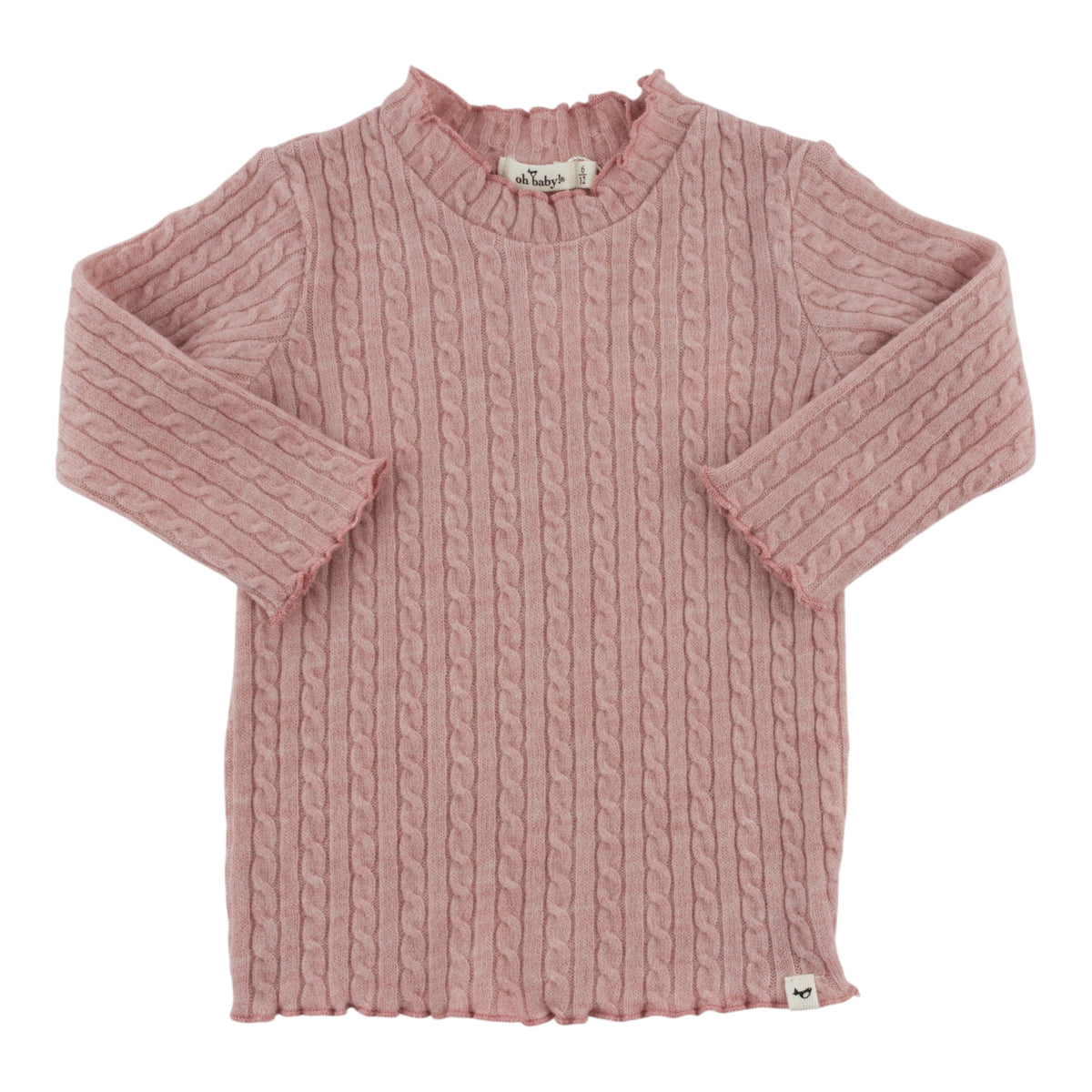 oh baby! Cable Knit Mock Neck Lettuce Edge Long Sleeve Top - Dusty Pink