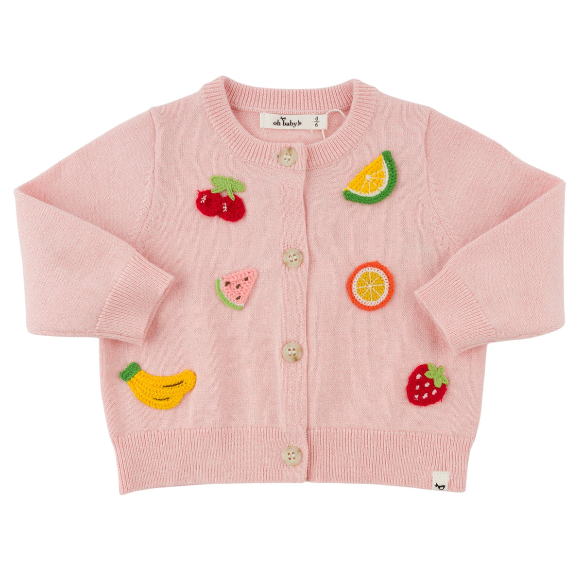 oh baby! Cardigan Sweater - Mixed Crochet Fruit Appliques - Pale Pink