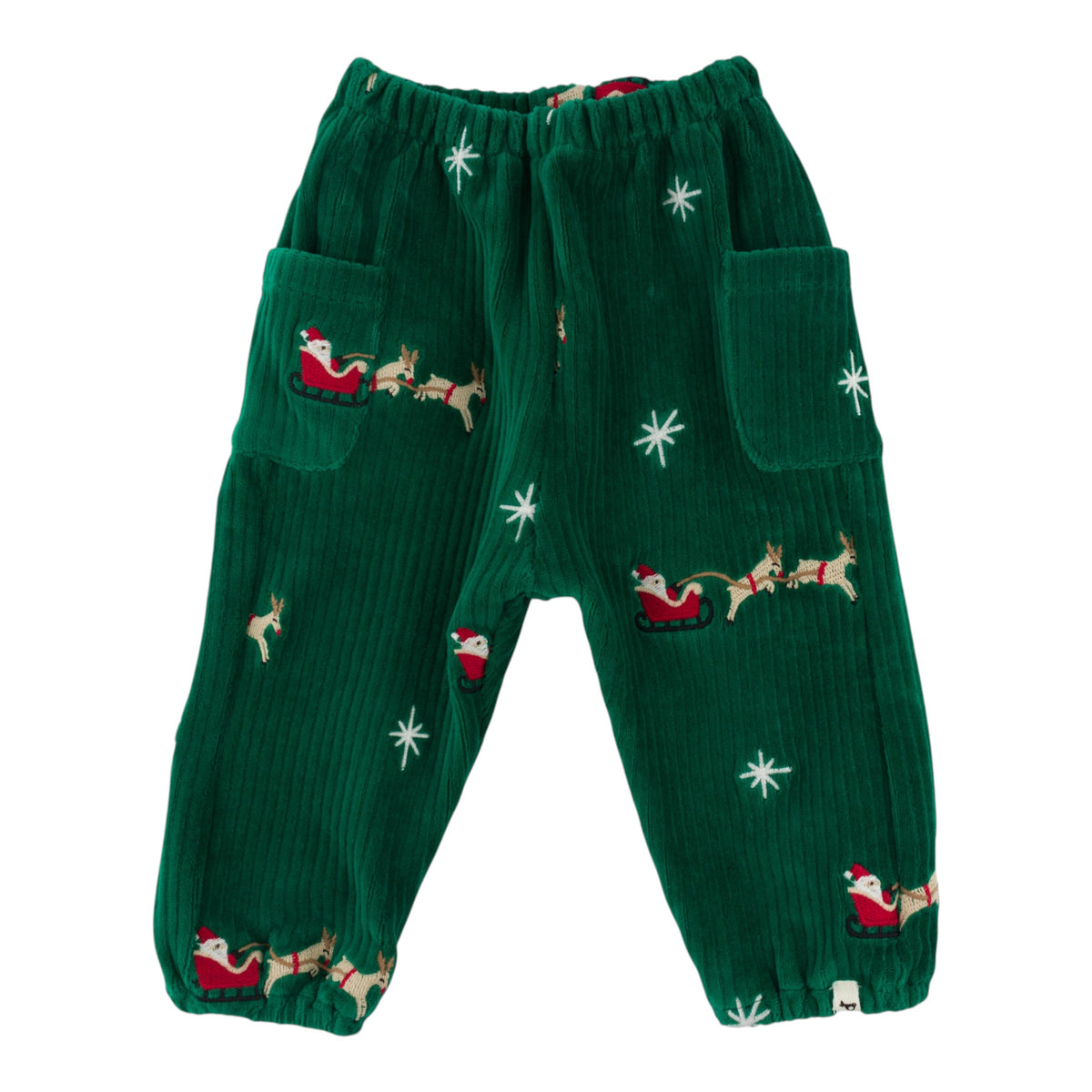 oh baby! Side Pocket Pant - Embroidered Santa Sleigh - Christmas Green