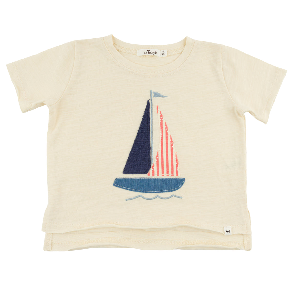 oh baby! Raw Edge Short Sleeve T-Shirt - Sailboat Applique - Butter