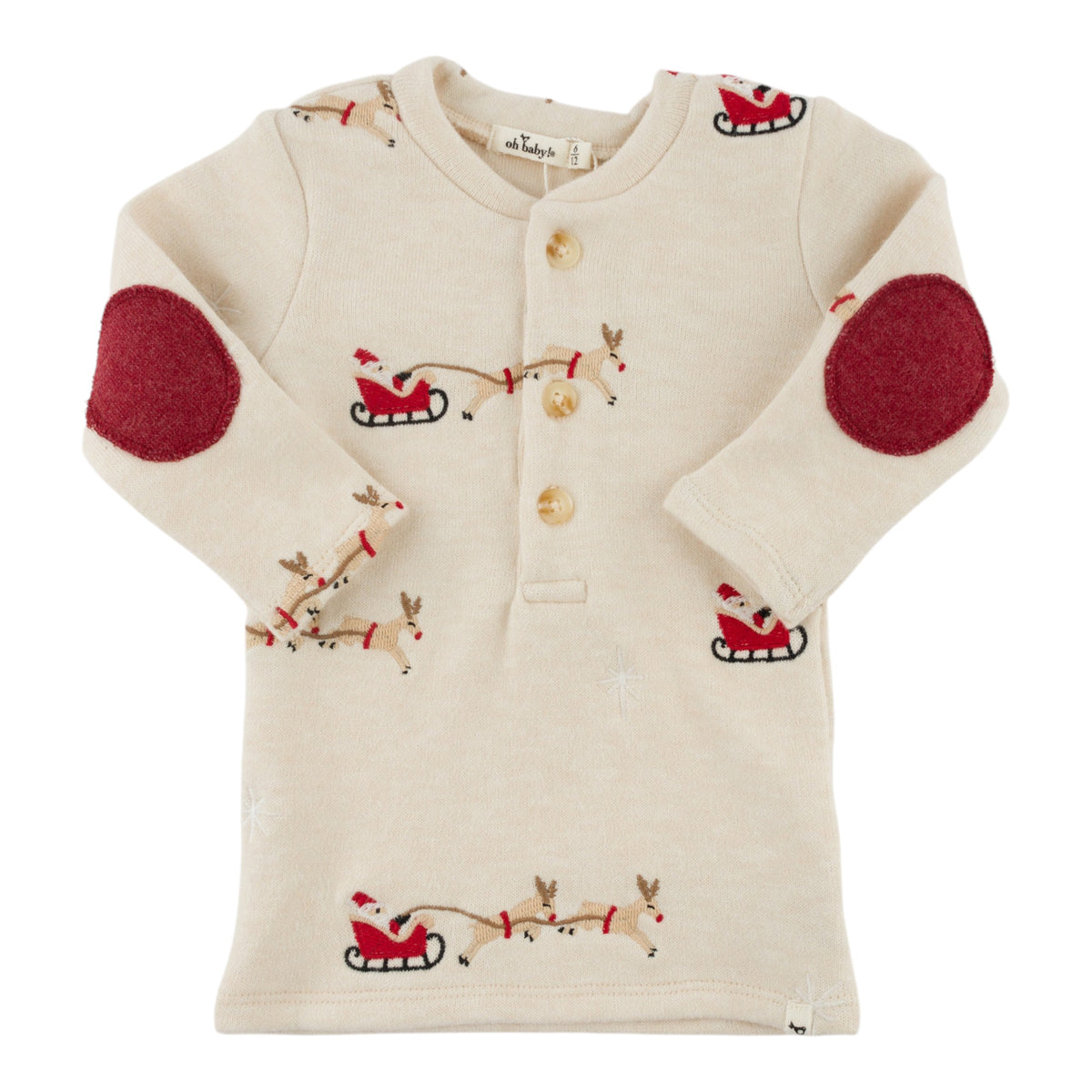 oh baby! Sweater Knit Elbow Patch Henley - Embroidered Santa Sleigh - Natural - front