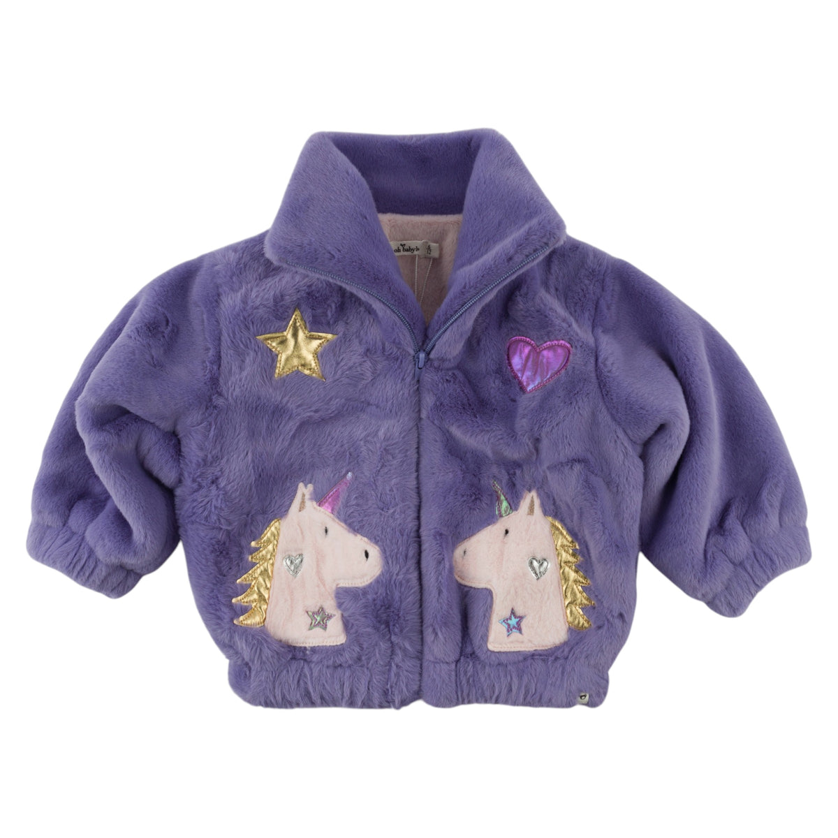 oh baby! Faux Fur Tahoe Coat - Metallic Unicorn Applique - Lavender