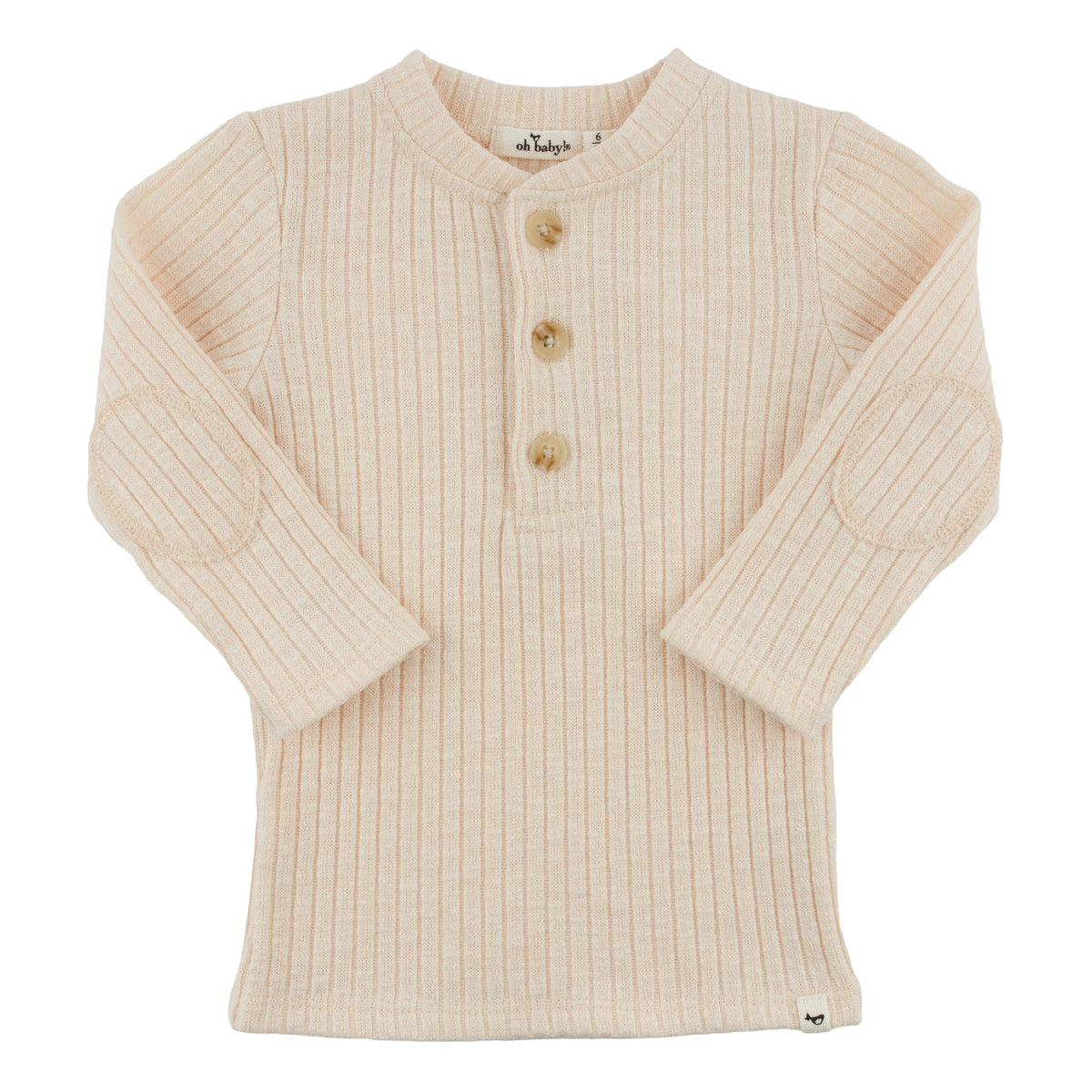 oh baby! Wide Rib Elbow Patch Long Sleeve Henley Top - Natural