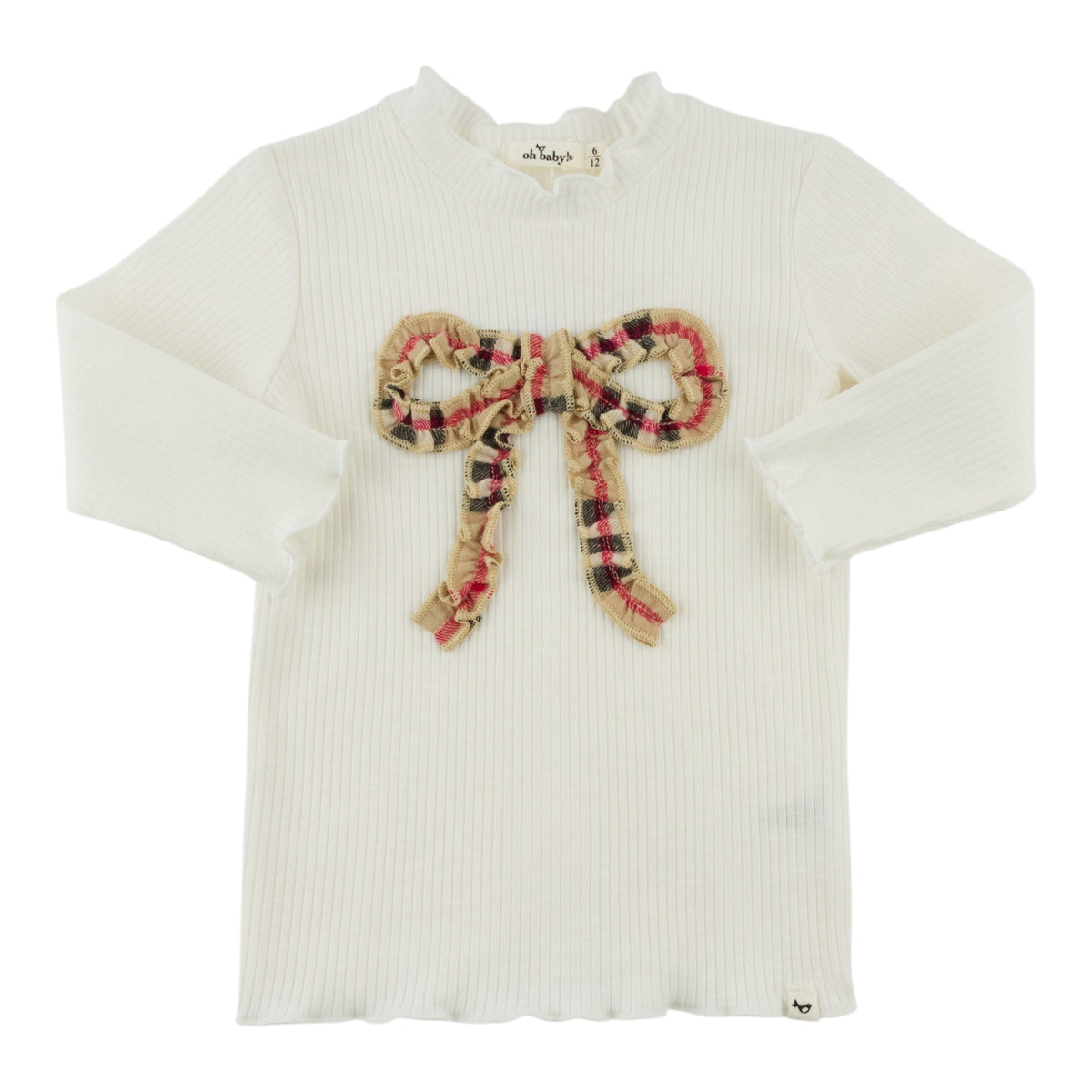 oh baby! Mock Neck Long Sleeve Top - Mini Tartan Ruffle Bow - Cream