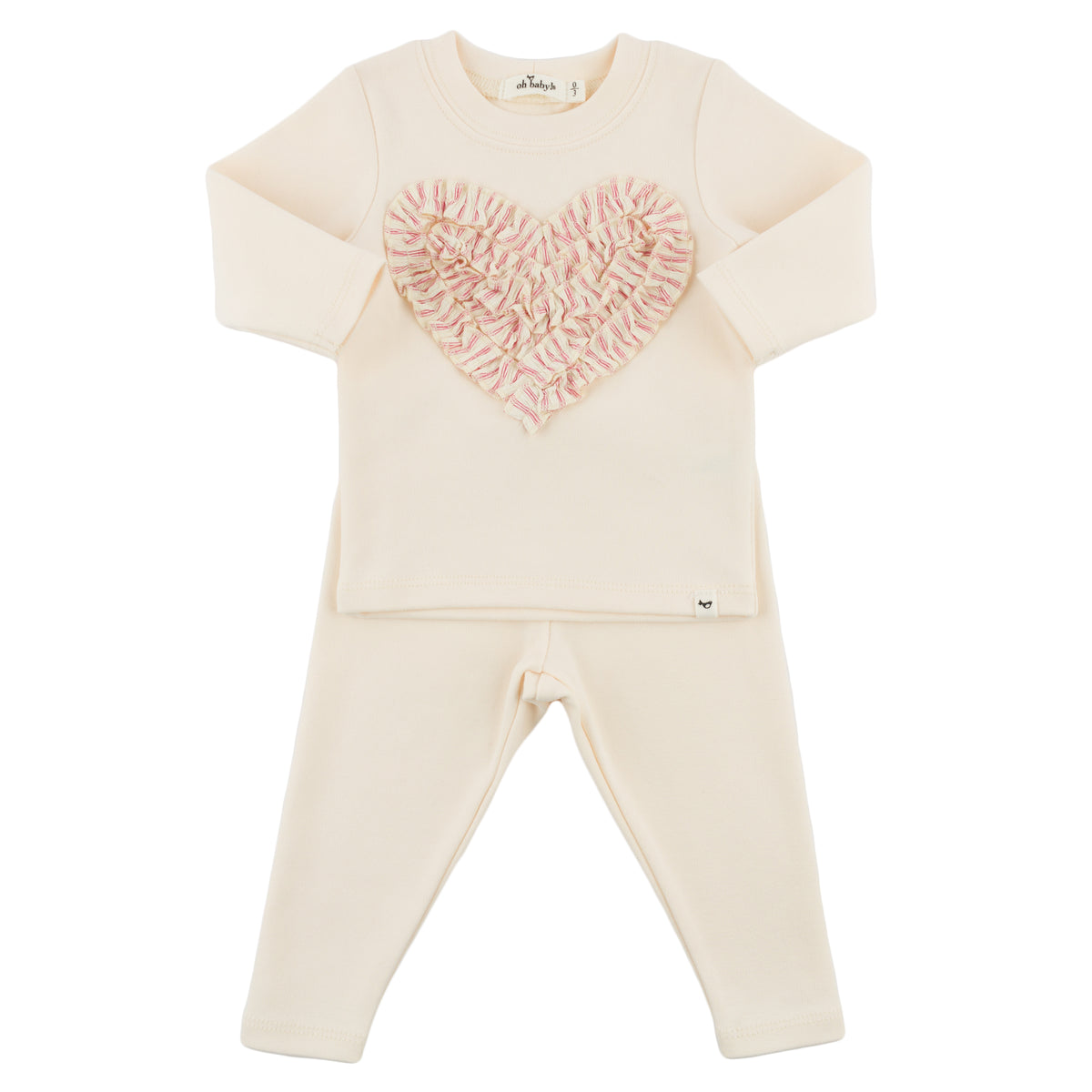 oh baby! Two Piece Set - Stripe Ruffle Heart Applique - Natural