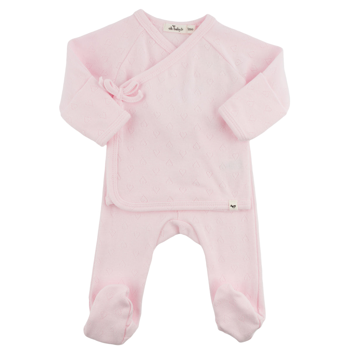 oh baby! Kimono Footie Set with Bow - Hearts Pointelle - Pale Pink