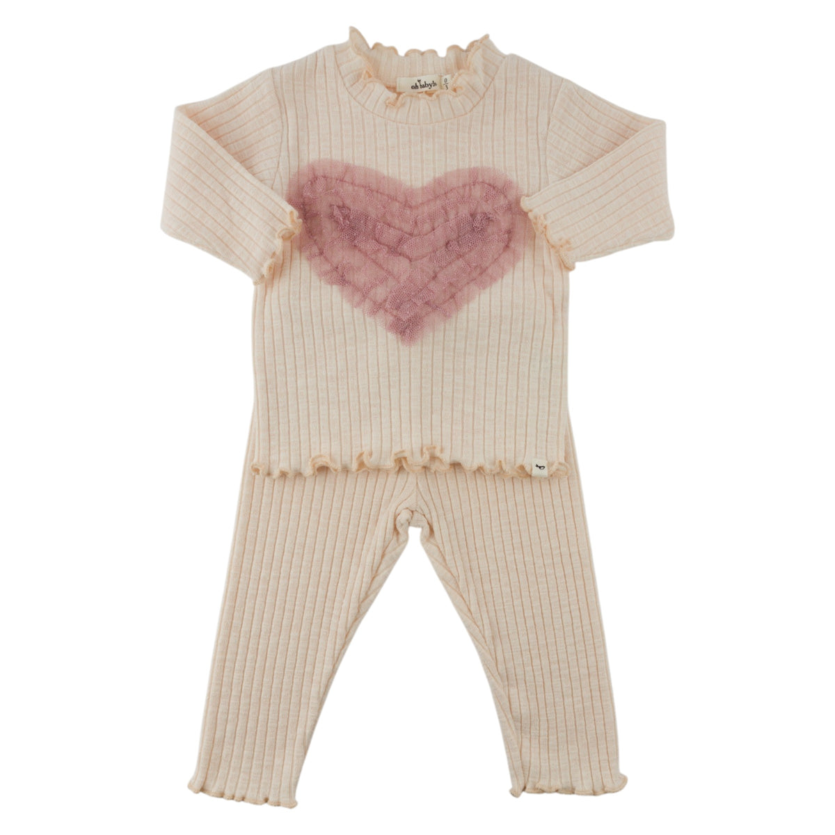 oh baby! Mock Neck Two Piece Set - Ruffle Heart Applique - Natural