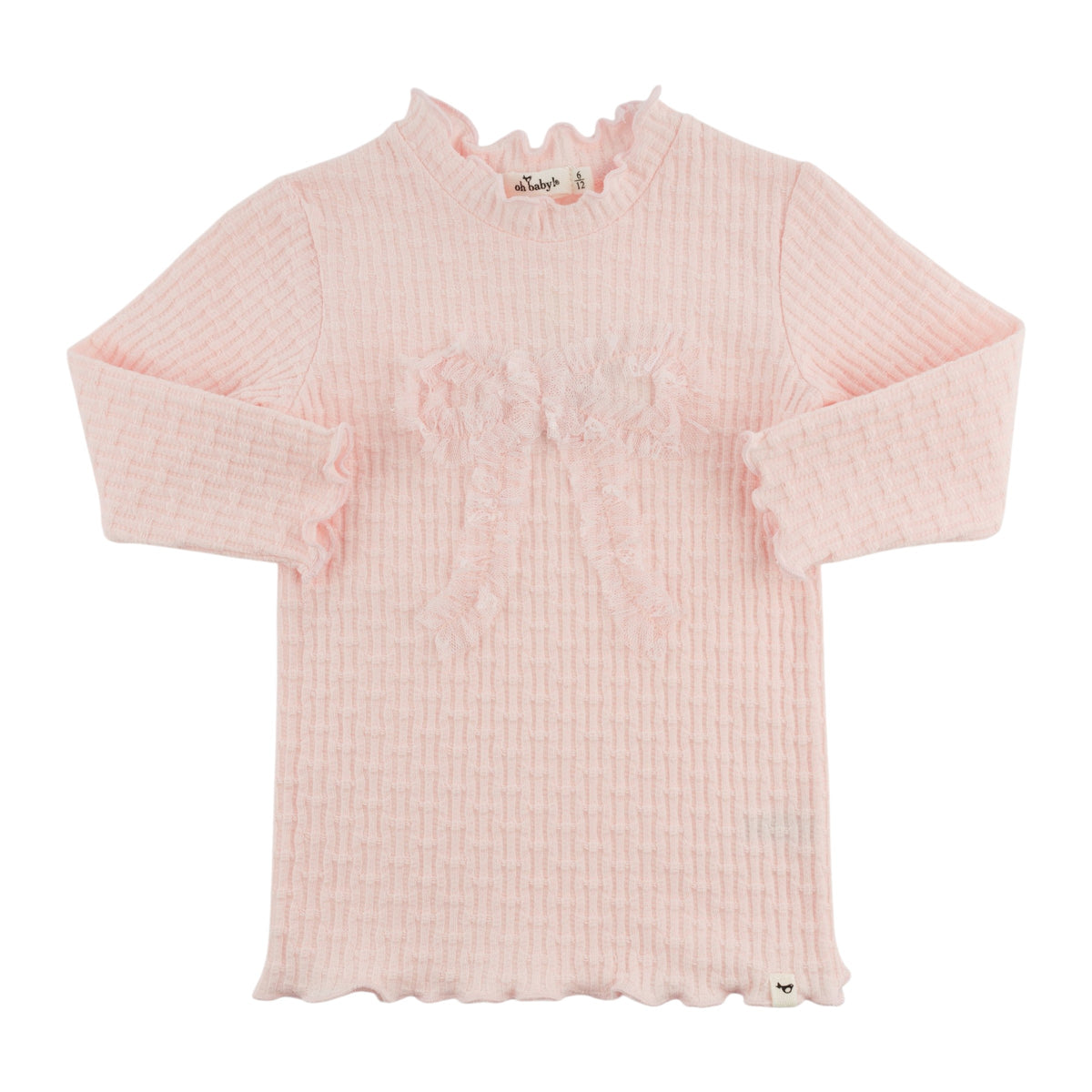 oh baby! Mock Neck Long Sleeve Top - Mini Bow Rib Ruffle Bow - Barely Pink