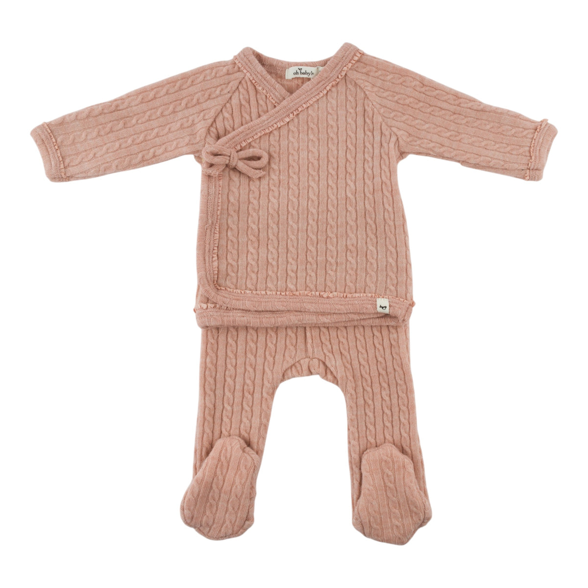oh baby! Cloud Cable Knit Ruffle Kimono Footies Set - Pale Pink