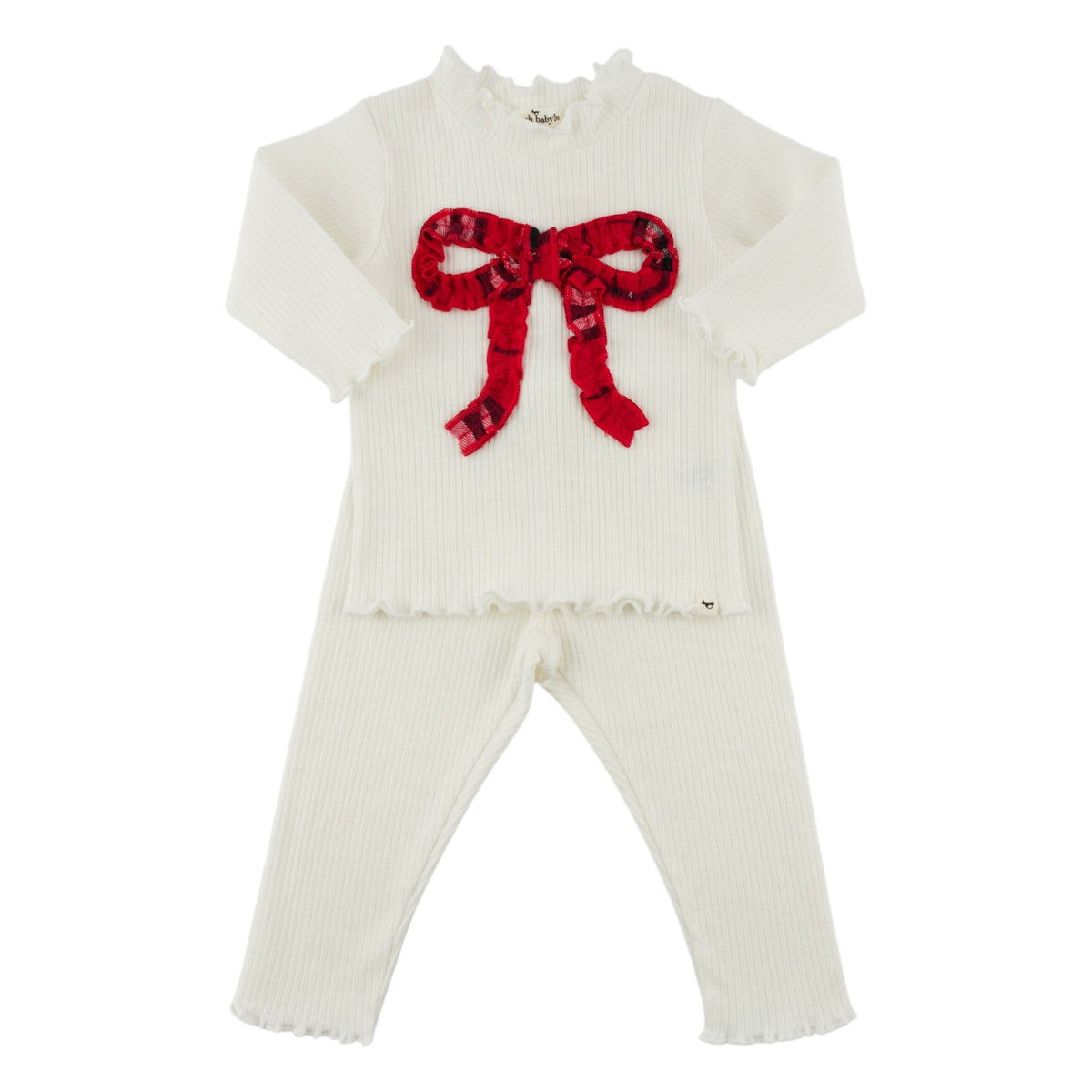 oh baby! Mock Neck Two Piece Set - Mini Tartan Red Ruffle Bow - Cream