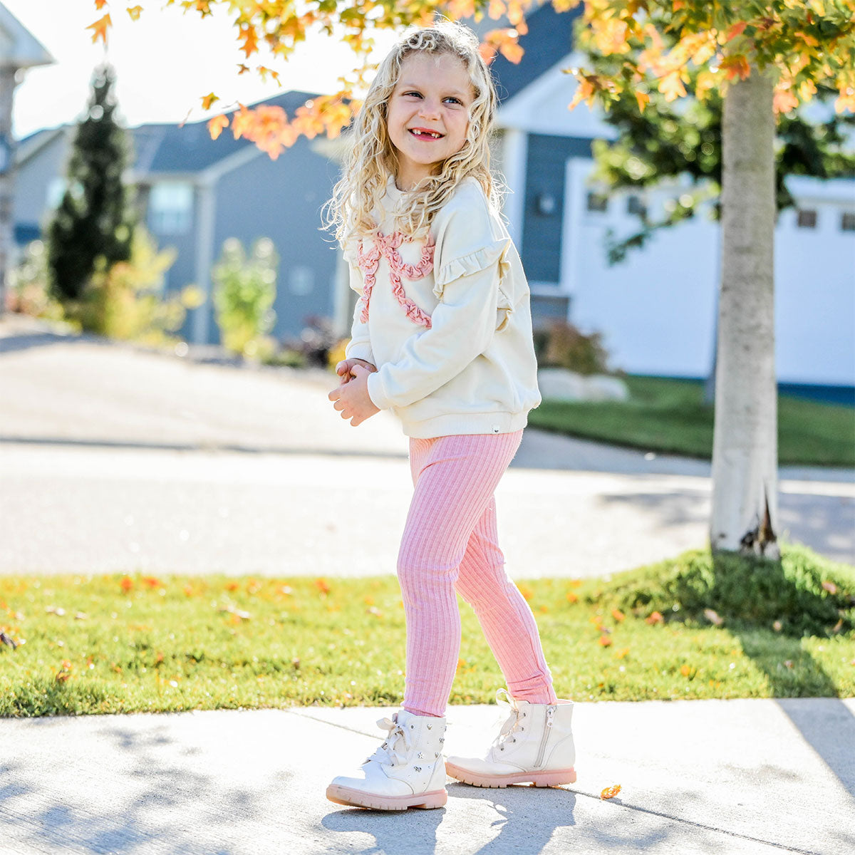 oh baby! Ruffle Slouch Sweatshirt - Ruffle Bow - Natural with pink leggings