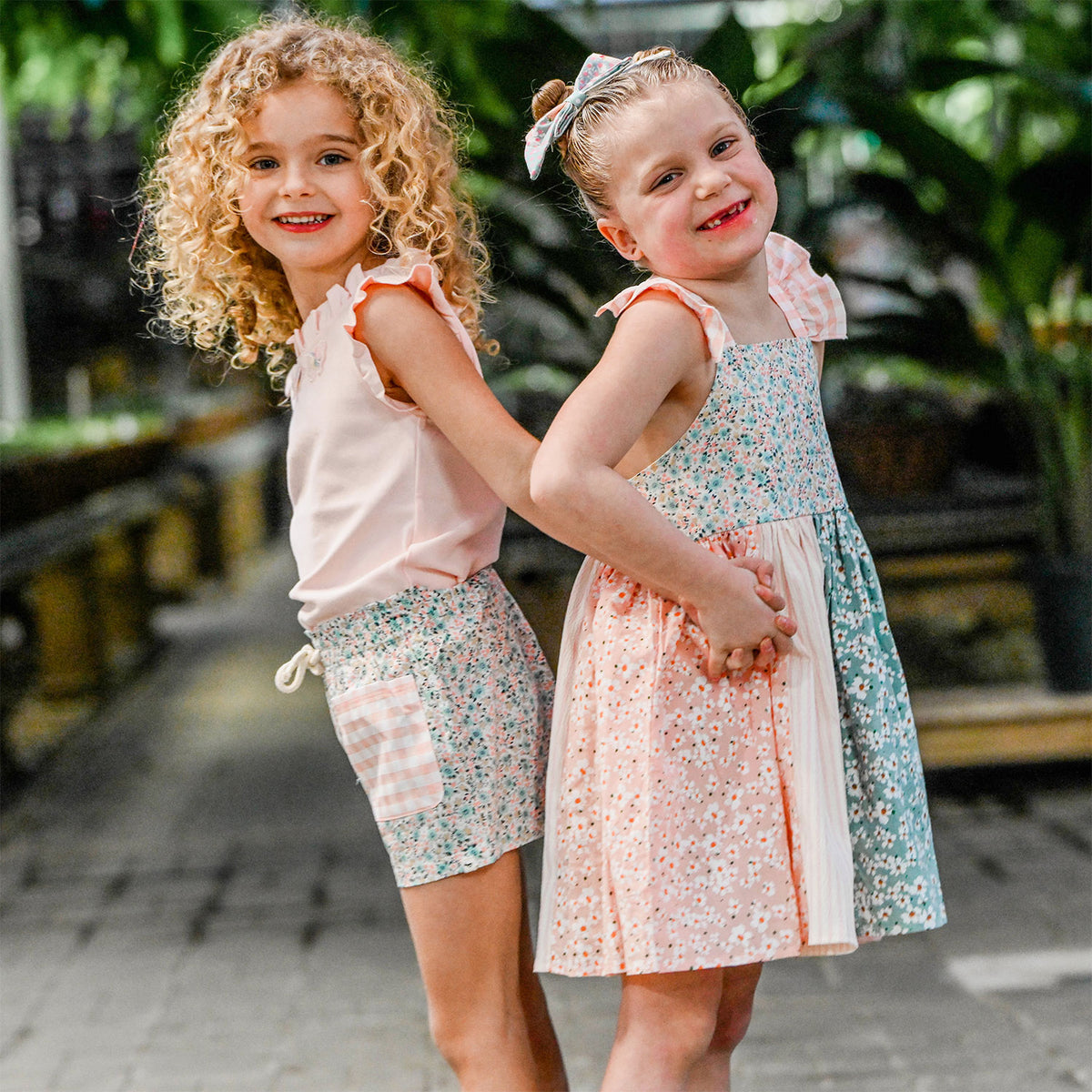 Multi Print Charlotte Party Dress Lifestyle with Rebekah Tank and Libby Shorts - Girls back to back