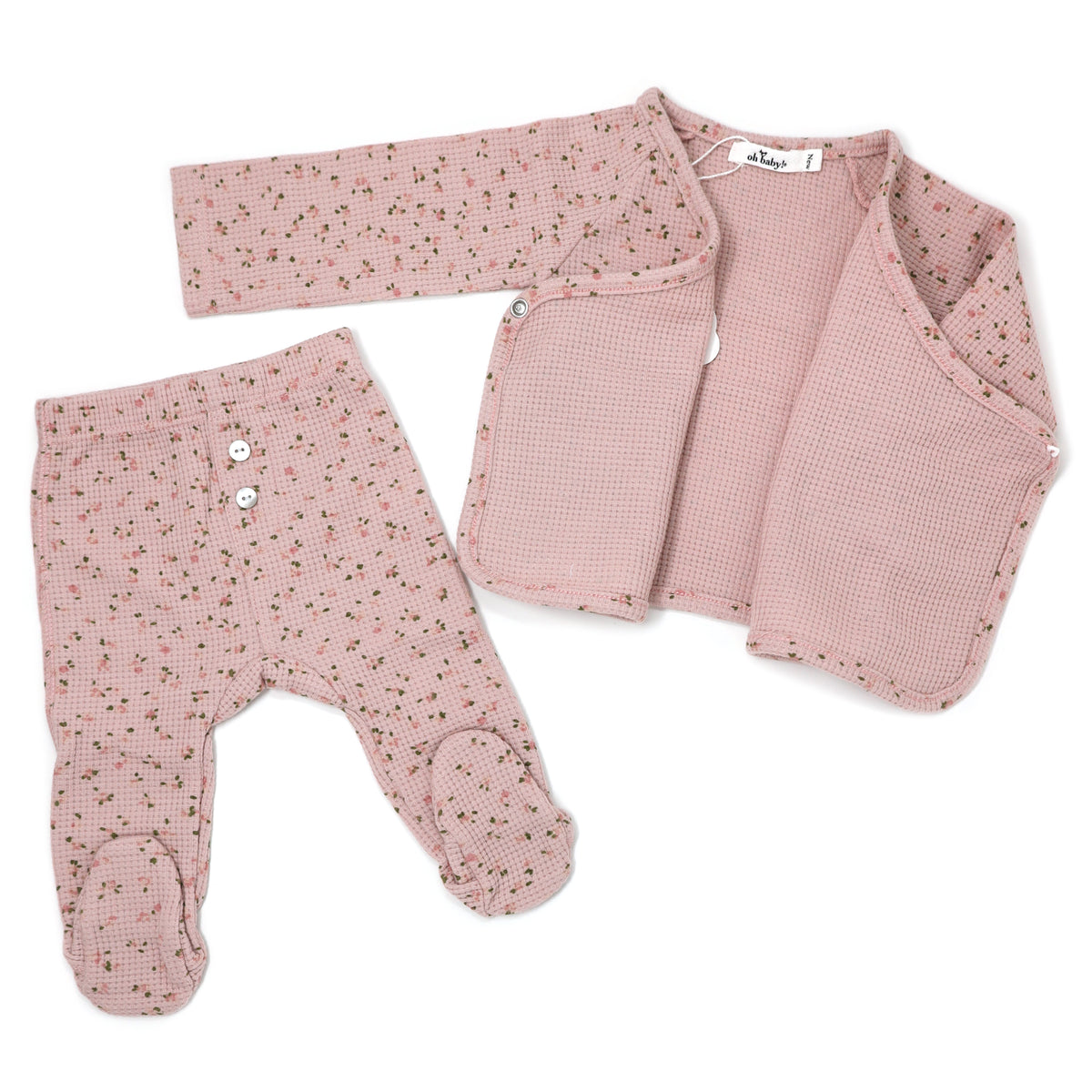 oh baby! Kimono Two Piece Footie Set - Waffle Knit - Roses - Blush