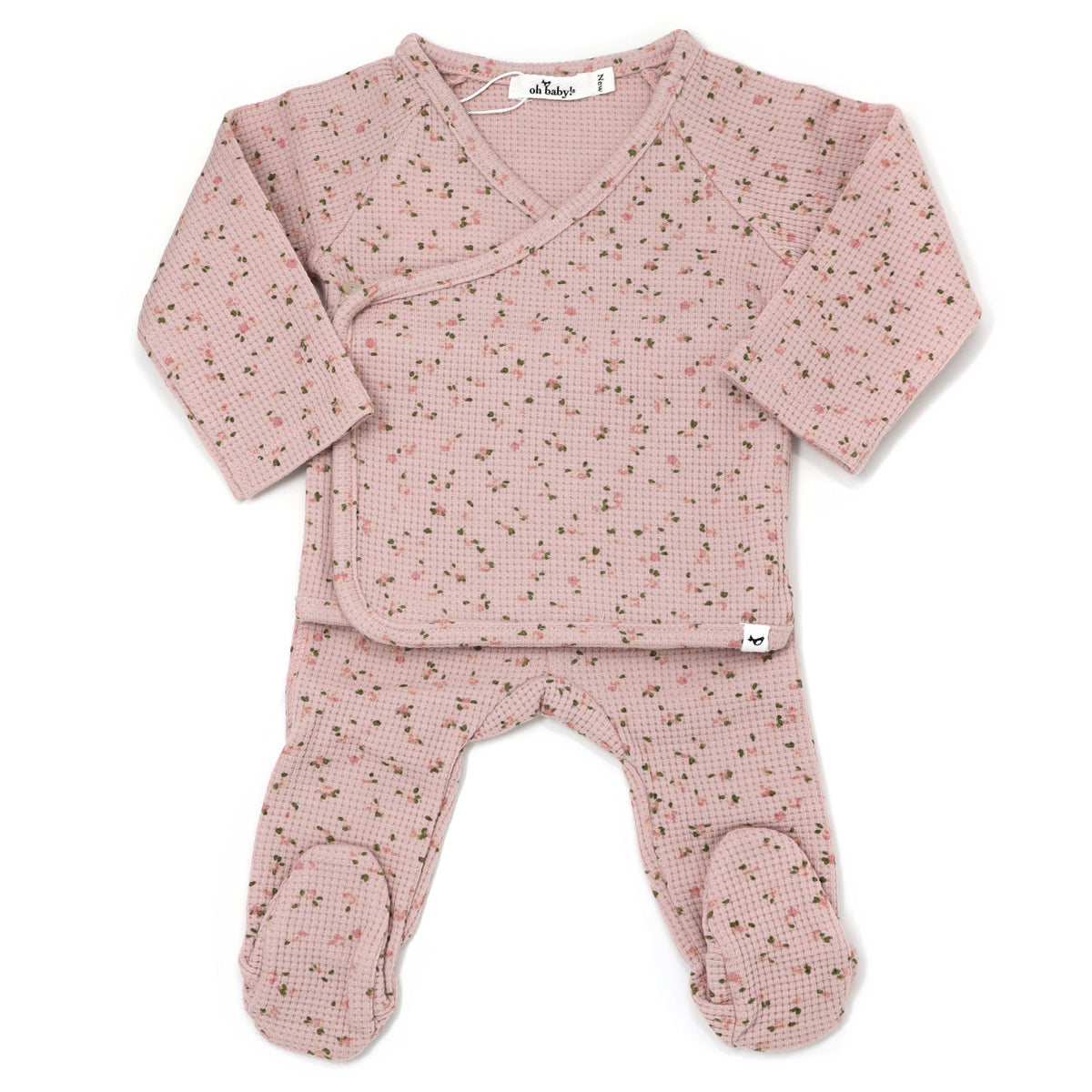 oh baby! Kimono Two Piece Footie Set - Waffle Knit - Roses - Blush