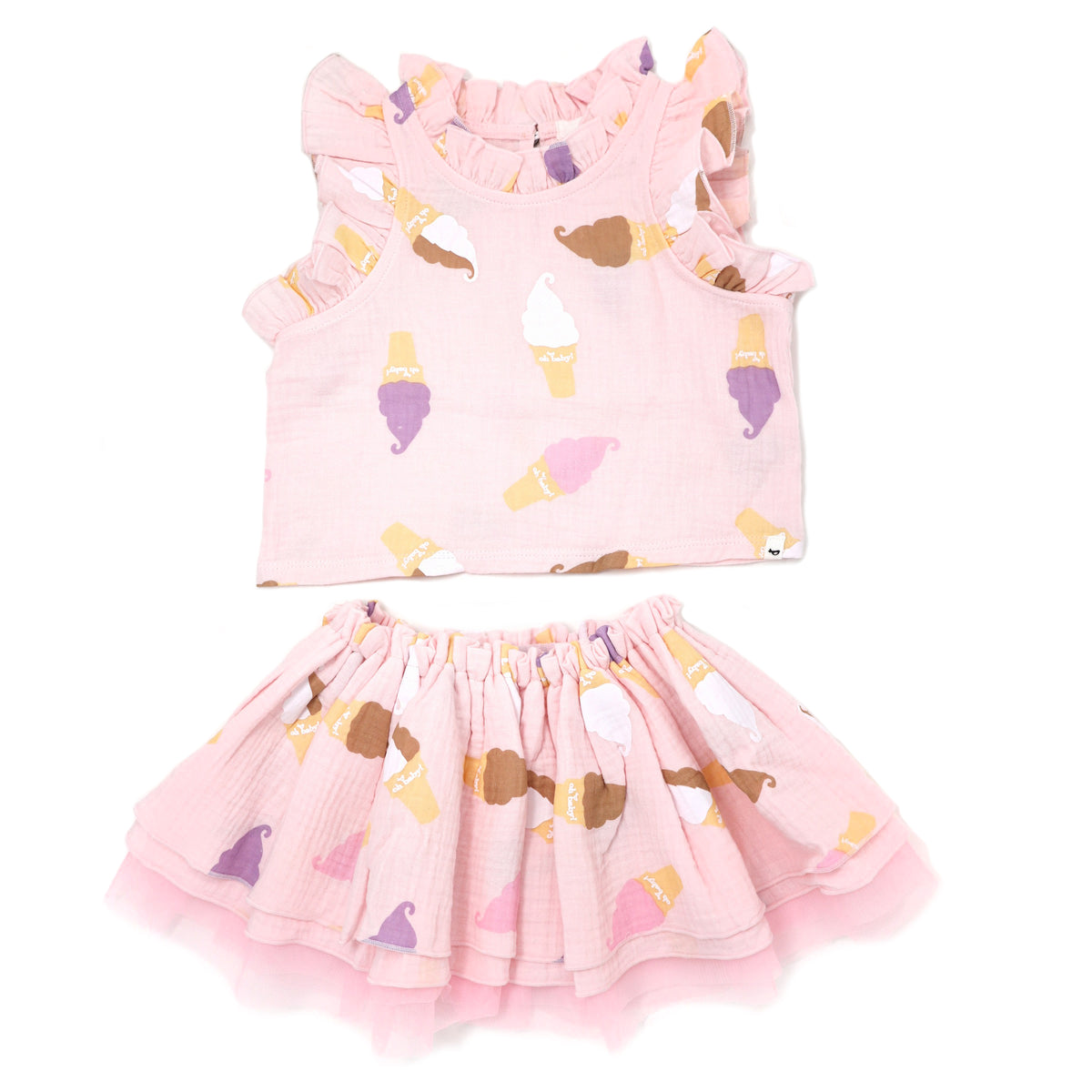 oh baby! Gauze Lola Top & Tutu Skirt Set - Soft Serve Ice Cream Print - Pale Pink