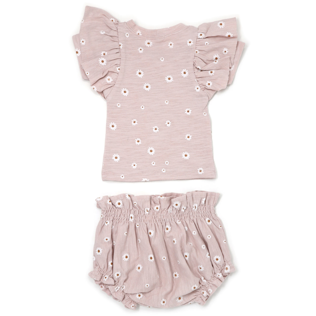 oh baby! Butterfly Sleeve High Waisted Tushie Set - White Mini Daisies Print - Blush