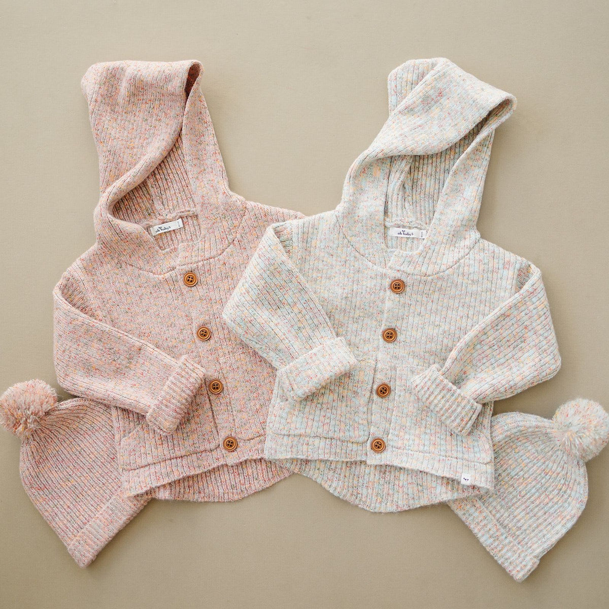 oh baby! Speckled Knit Hooded Button Down Sweater - Pink