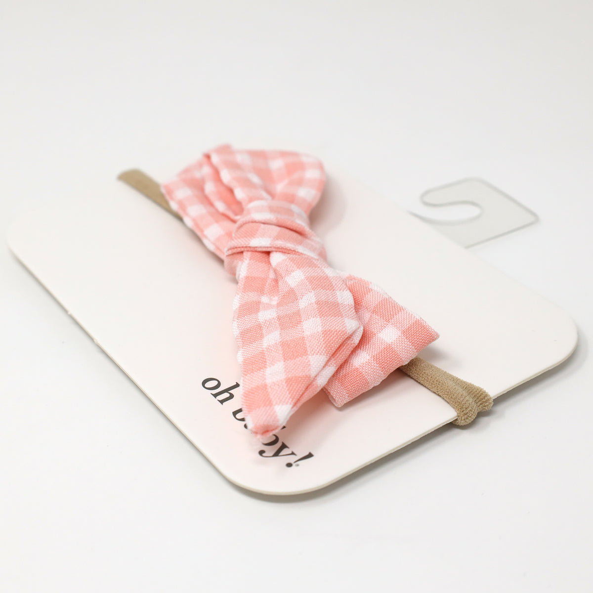 oh baby! Gingham Tie Bow on Nylon Headband - Pale Pink