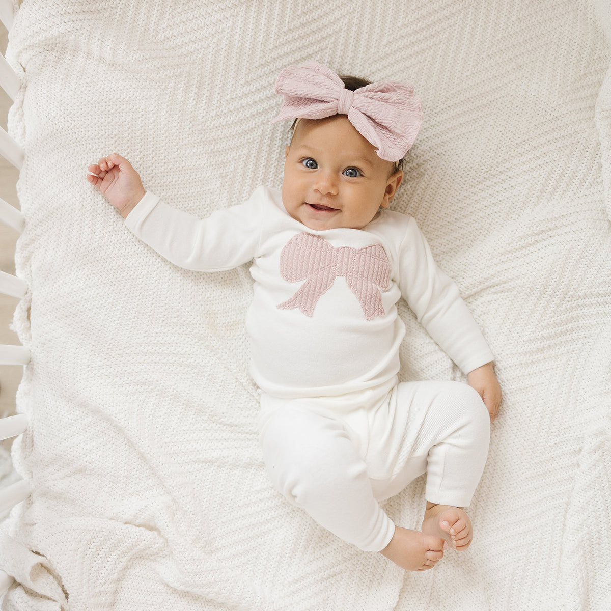 oh baby! Long Sleeve Two Piece Set - Cable Knit Pink Bow - Cream