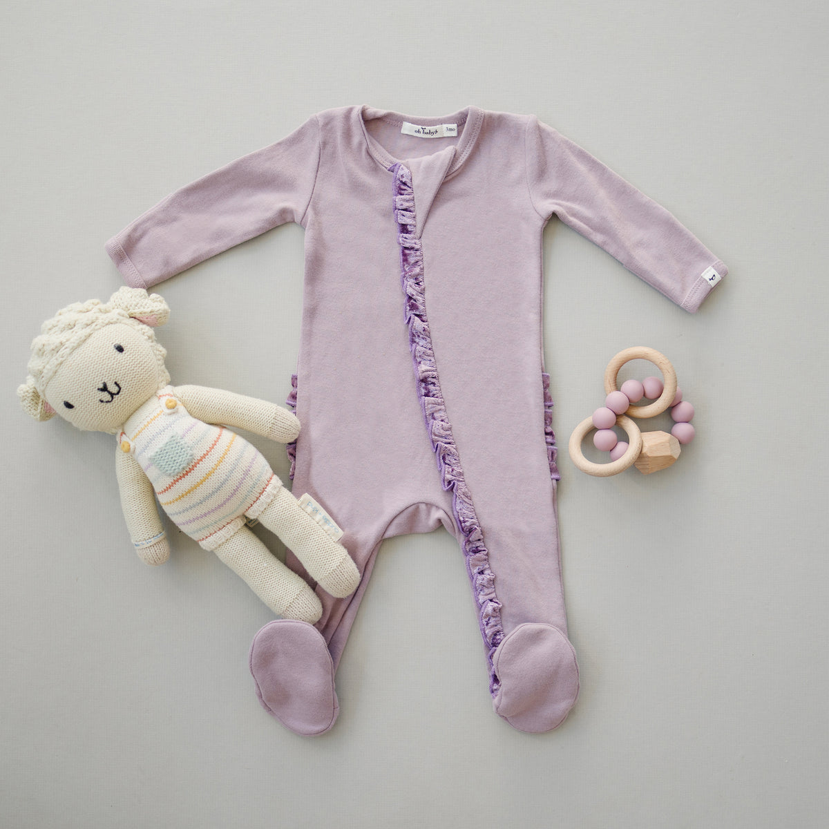 oh baby! Zipper Cotton Footie with Velvet Ruffle - Dusty Lavender