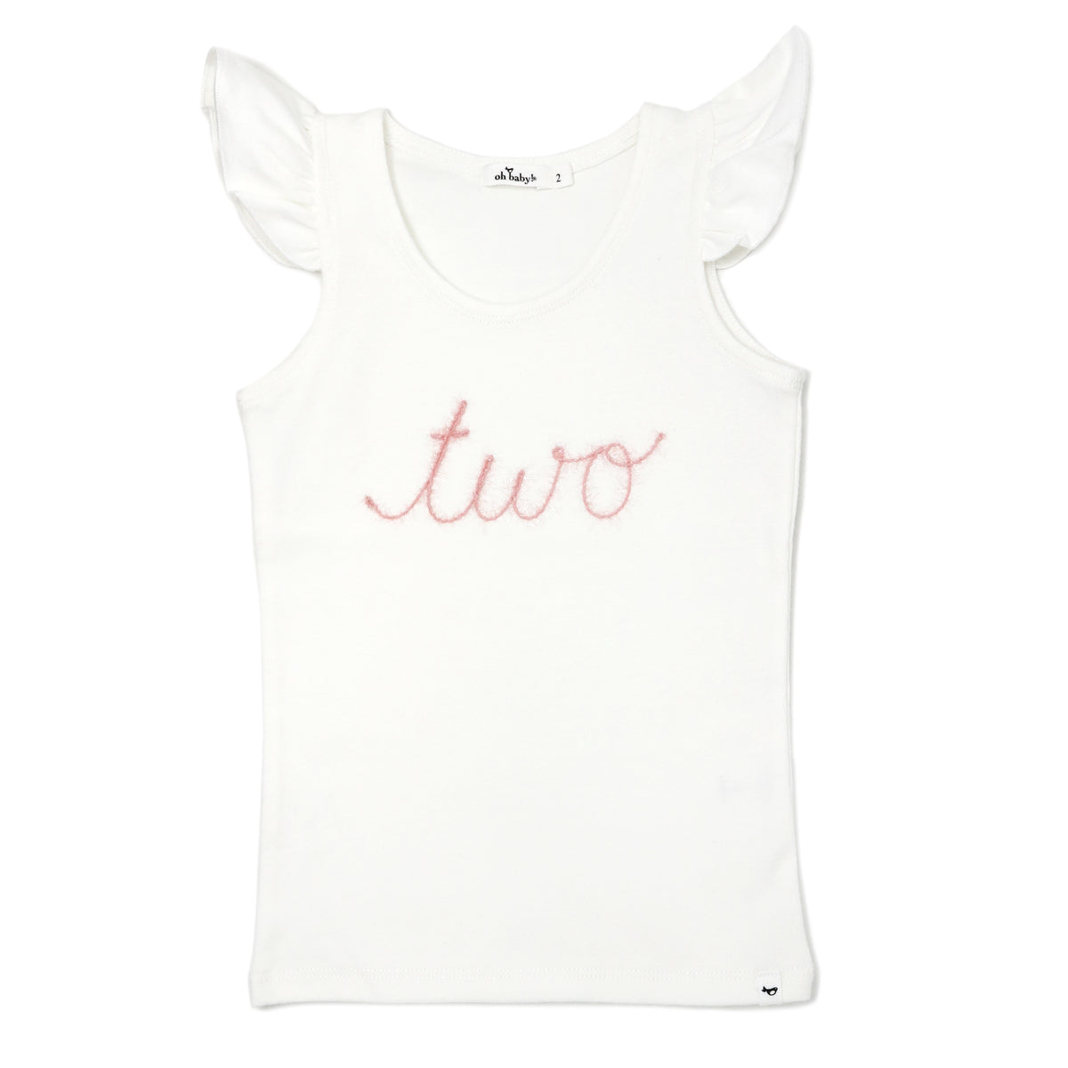 oh baby! Cotton Baby Rib Flutter Sleeve Tank - Birthday "Two" Pink Embroidered - Cream