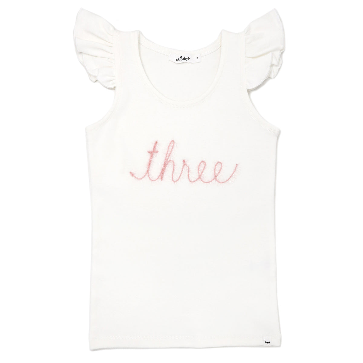 oh baby! Cotton Baby Rib Flutter Sleeve Tank - "Three" Pink Embroidered - Cream