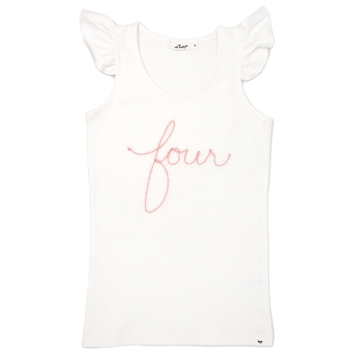 oh baby! Cotton Baby Rib Flutter Sleeve Tank - "Four" Pink Embroidered - Cream