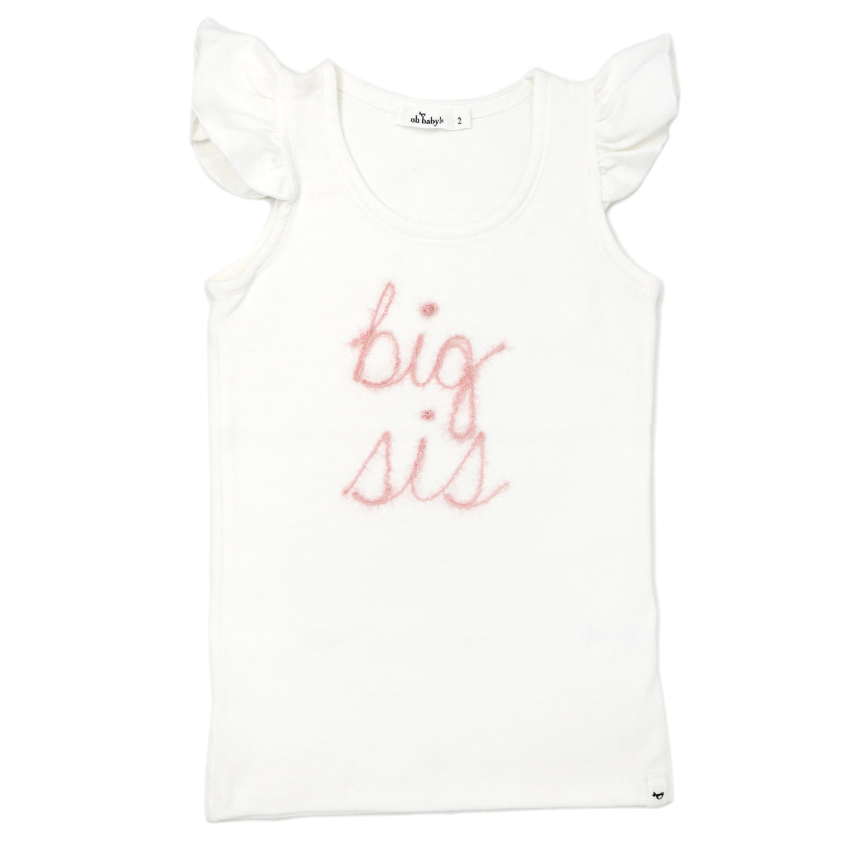 oh baby! Cotton Baby Rib Flutter Sleeve Tank - "big sis" Pink Embroidered - Cream