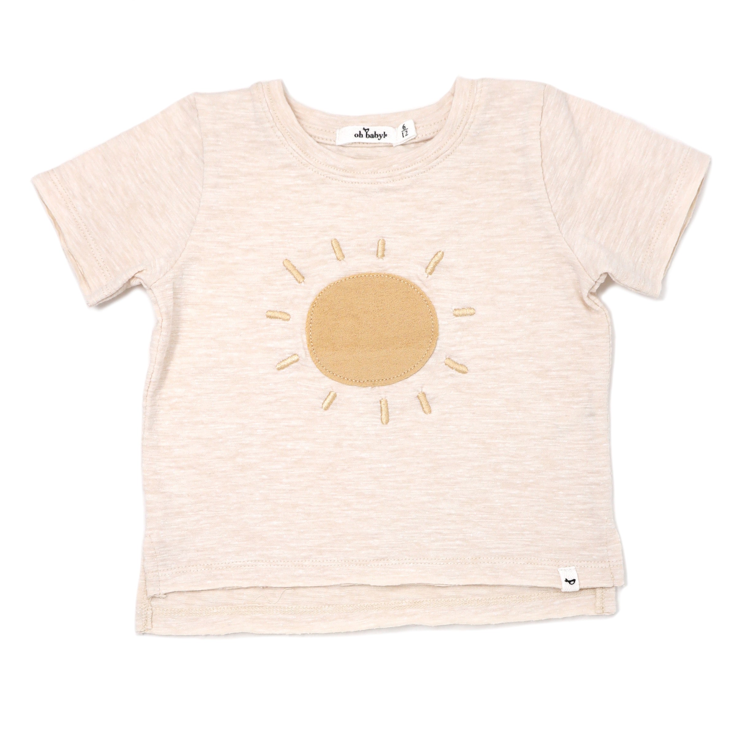 oh baby! Raw Edge Short Sleeve Cotton Slub Tee - Sun Applique - Sand Heather