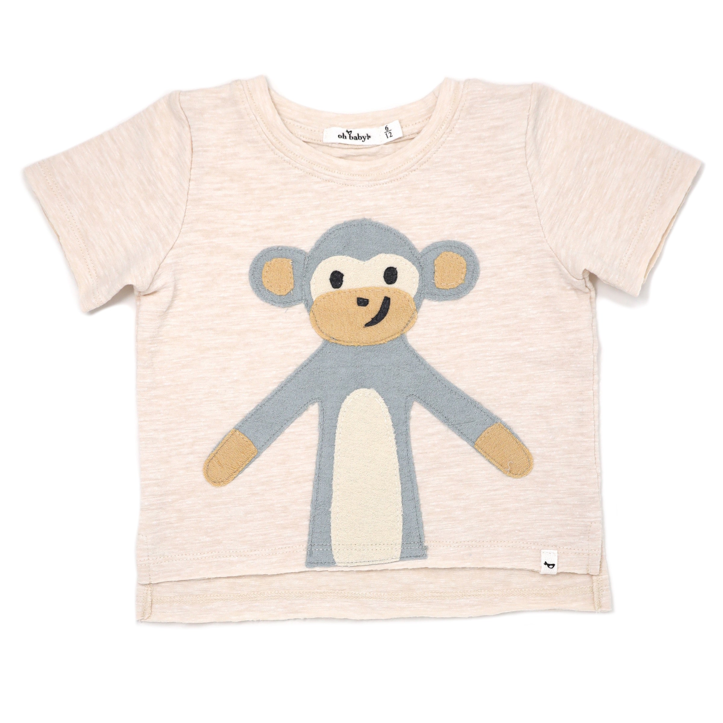 oh baby! Raw Edge Short Sleeve Cotton Slub Tee - Monkey - Sand Heather