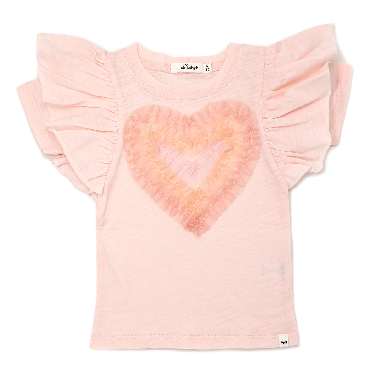 oh baby! Cotton Slub Butterfly Short Sleeve Tee - Tulle Heart Applique - Pale Pink