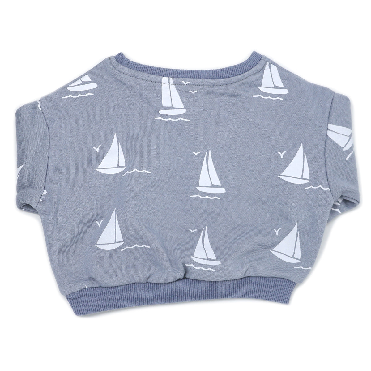 oh baby! Cotton French Terry V Collar Boxy Sweatshirt - Sailboats Print - Fog