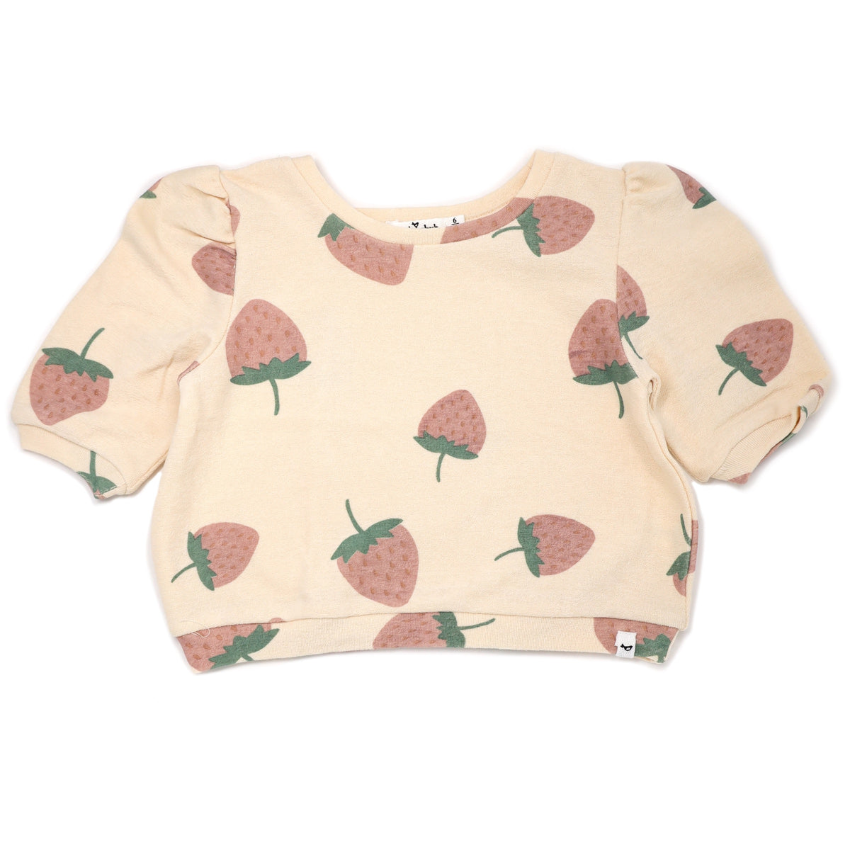 oh baby! Cotton Terry Puff Sleeve Boxy - Strawberry Print - Natural