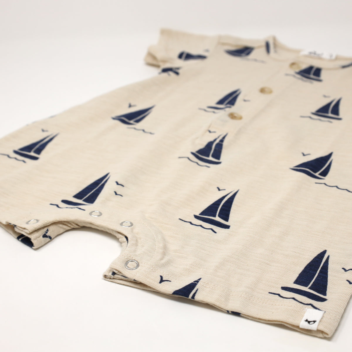 oh baby! Short Sleeve Button Neck Slub Romper - Navy Sailboat Print - Oat