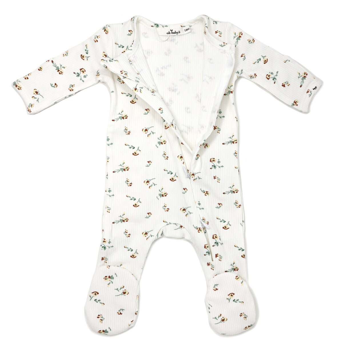 oh baby! Two Way Zipper Footie - Rib Knit - Scattered Flowers - Cream