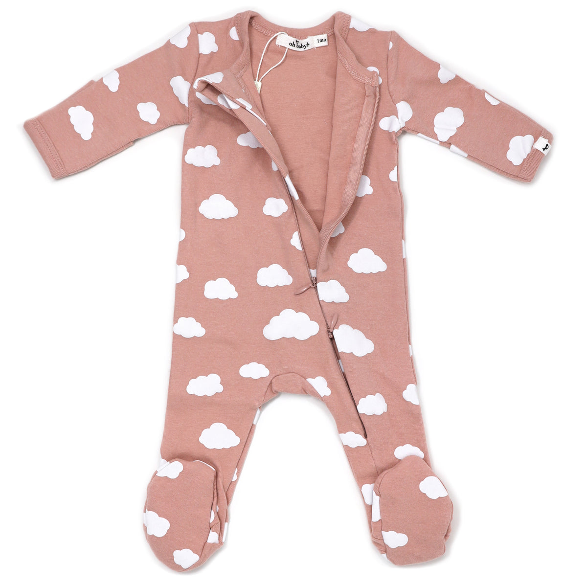 oh baby! Zipper Footie Baby Rib - White Clouds Print - Blush
