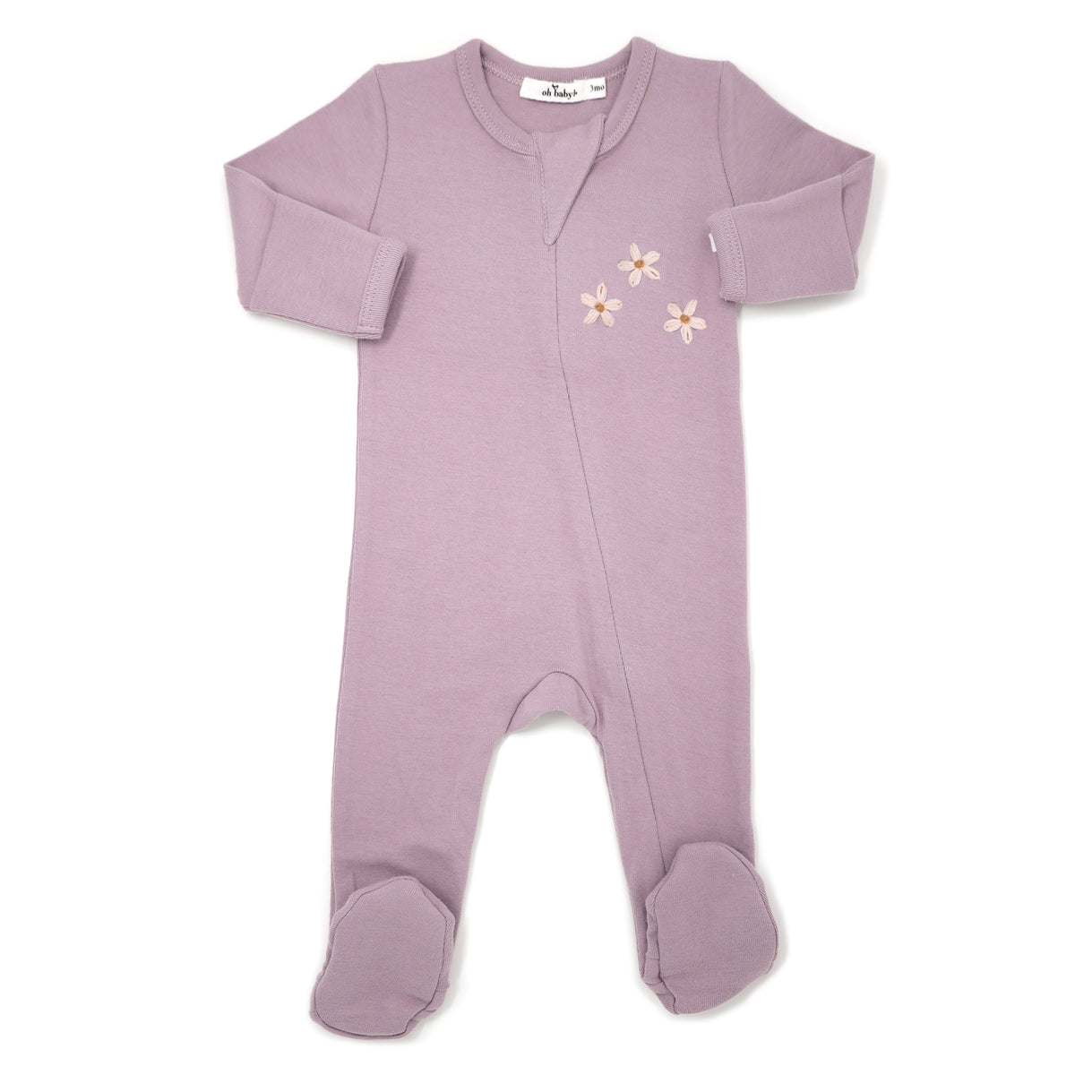 oh baby! Hand Embroidered Daisies Zipper Ruffle Footie - Dusty Lavender