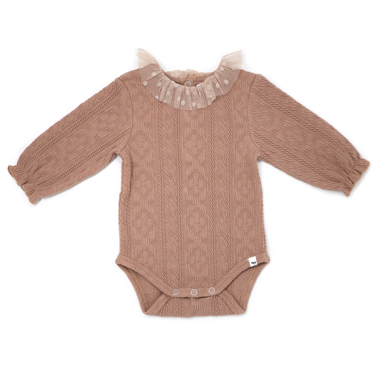 oh baby! Ruffle Dotted Mesh Collar Puckered Onesie - Clay