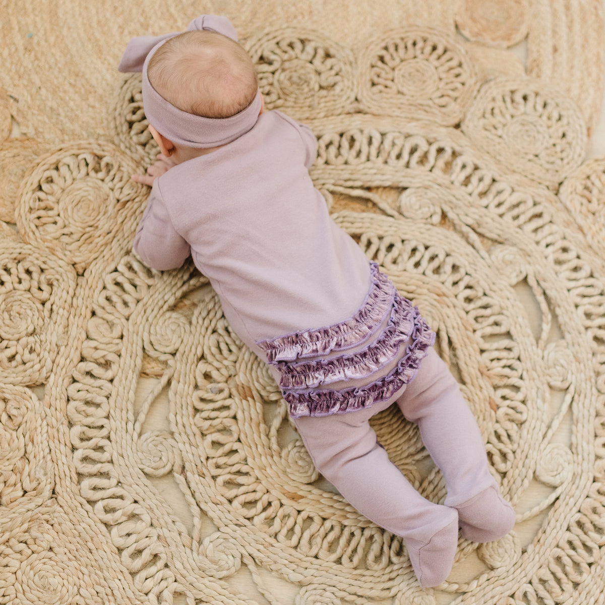 oh baby! Zipper Cotton Footie with Velvet Ruffle - Dusty Lavender