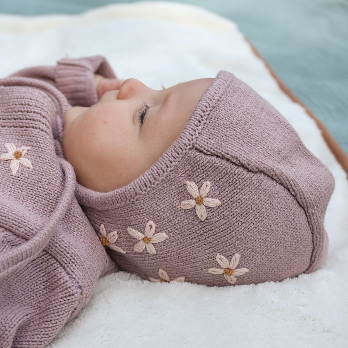 oh baby! Knitted Pilot Cap - Embroidered Pink Daisies - Dusty Lavender