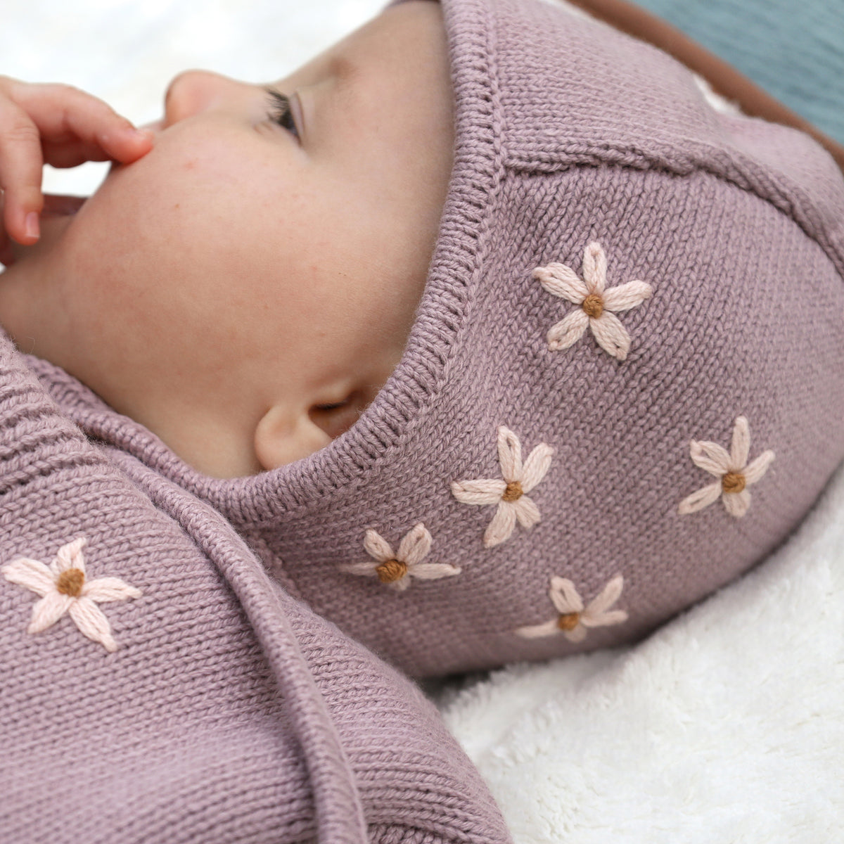 oh baby! Knitted Pilot Cap - Embroidered Pink Daisies - Dusty Lavender