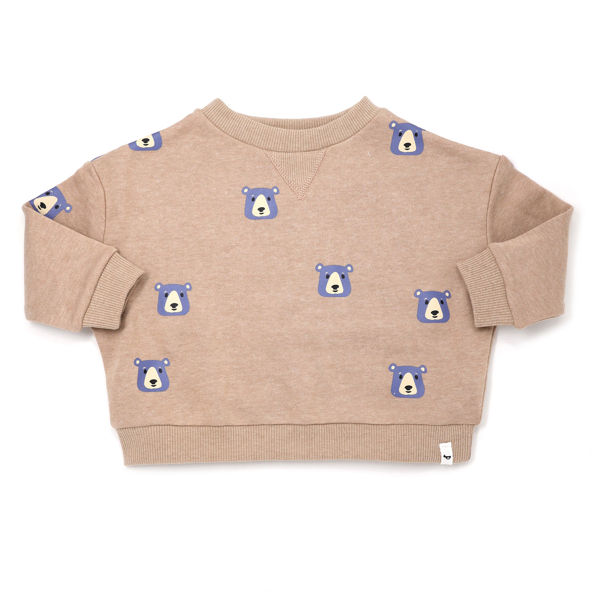 oh baby! Blue Bear Print V Collar Boxy Sweatshirt - Latte