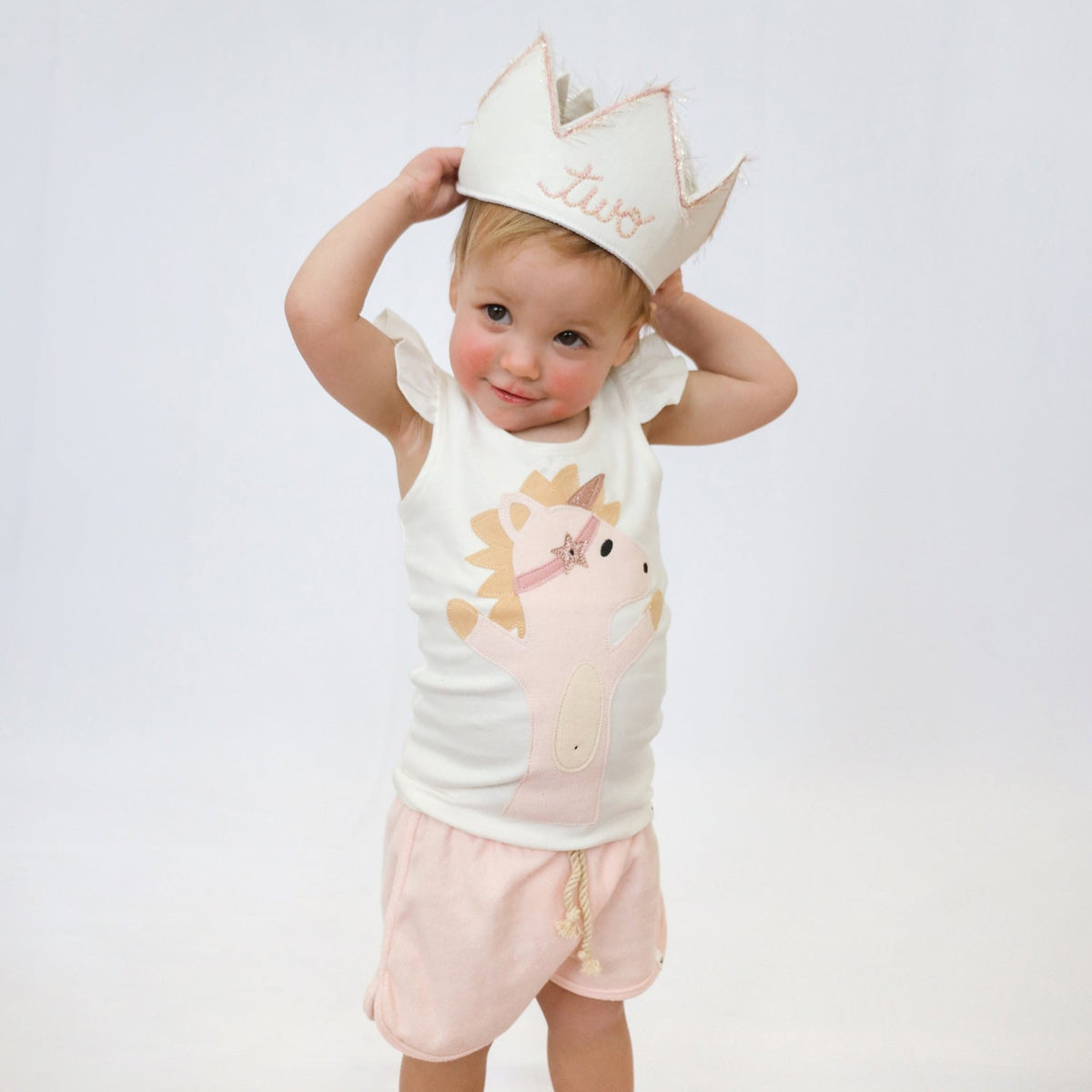 oh baby! "Two" Birthday Crown with Blush/Gold Trim on Oyster Linen